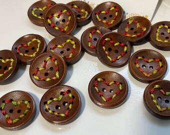 Red & Lime Threaded Love Heart Dark Wooden Round Buttons: Packs of 2 or 4 buttons