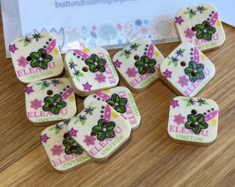 Square Flower Patterned Wooden Buttons: Packs of 10 buttons