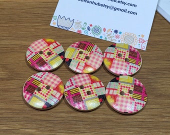 Patchwork Check Patterned Gingham Wooden Buttons: Packs of 4, 6 or 12 Buttons