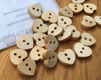 Mini Wooden Love Heart Buttons 15mm: Packs of 8 or 10 buttons