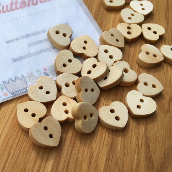 Mini Wooden Love Heart Buttons 15mm: Packs of 8 or 10 buttons