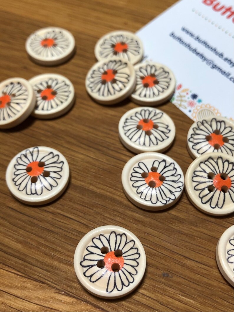 White Orange Daisy Floral Buttons: Packs of 6 buttons image 3