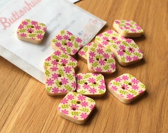 Square Floral Patterned Wooden Buttons: Packs of 12 buttons