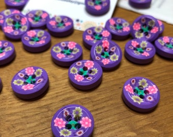 Purple Floral Designs Polymer Clay Mini Buttons: Packs of 4 or 6 buttons