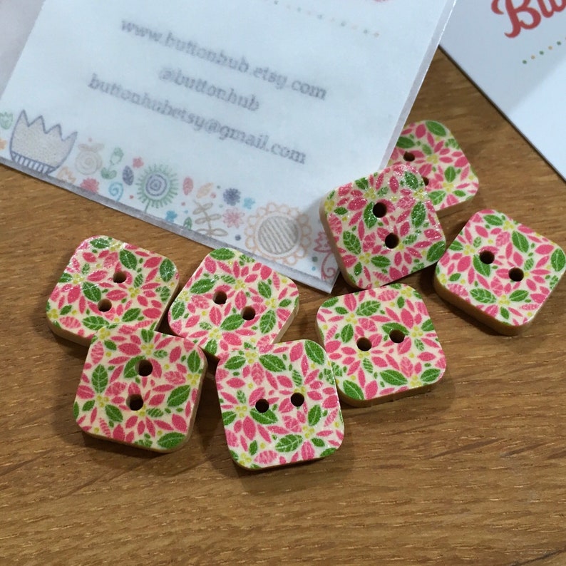 Packs of 8 buttons Square Pink Green Floral Patterned Wooden Buttons