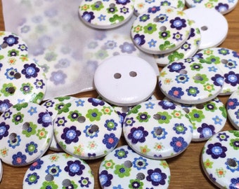 Blue Green Floral Print Wooden Buttons: Packs of 6 Buttons