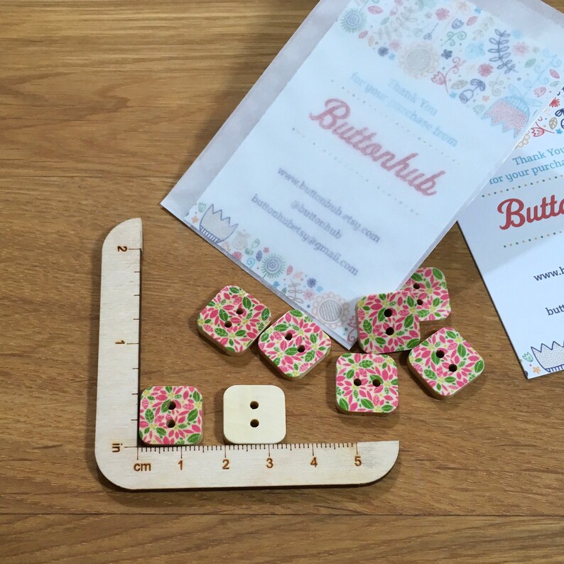 Packs of 8 buttons Square Pink Green Floral Patterned Wooden Buttons