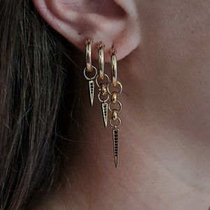 spike Earrings set, gold spike, Small Dangle Earrings, spike earrings - Second Hole Earrings, Small Huggie Hoop Earrings, black cz Earrings