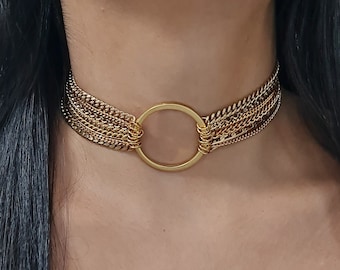 Gold Chain Choker, Multi Strand Choker, O Ring Choker, Hoop Choker, Multi Chain Necklace, Statement Layer Necklace, Chunky Layered Necklace