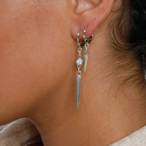 Silver Spike Earrings - Earrings Set - Spike Earrings, Long Drop Earrings, Hoop earrings Stacking - Dangle Earrings Stack, Cz Hoop Earrings