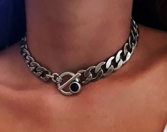 Toggle clasp necklace, Silver T Necklace, Heavy Silver Chain, statement chain necklace, Curb Chain Necklace, Thick chain necklace