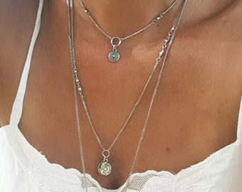 long silver Layered Necklace Set with charm coin