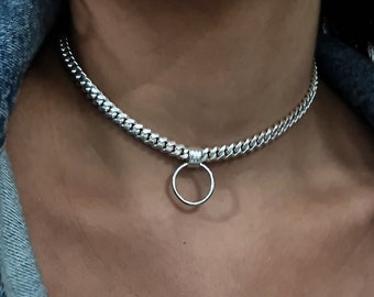 Circle Choker Necklace, Day Necklace, Silver Day Necklace, Curb chain Necklace, O Ring Collar, Silver Chain Collar, Necklace Gift For Her