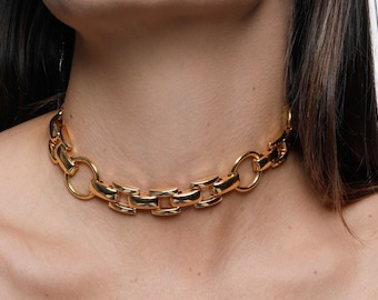 hoop chunky choker - link chain Choker - gold chain choker - Chunky link necklace - ROCKER JEWELRY - O ring choker - rectangle link necklace
