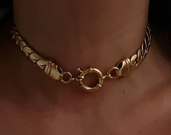 Gold Chain Choker, Chunky Choker Necklace, Thick Snake Necklace, Bold Chain Choker, flat chain necklace, Gold Chain Collar, Gift for wife