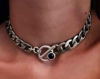 Silver Chunky Link Necklace, Toggle Clasp Necklace, Statement Choker necklace, Bold Crub Chain Necklace, Thick Edgy Necklace