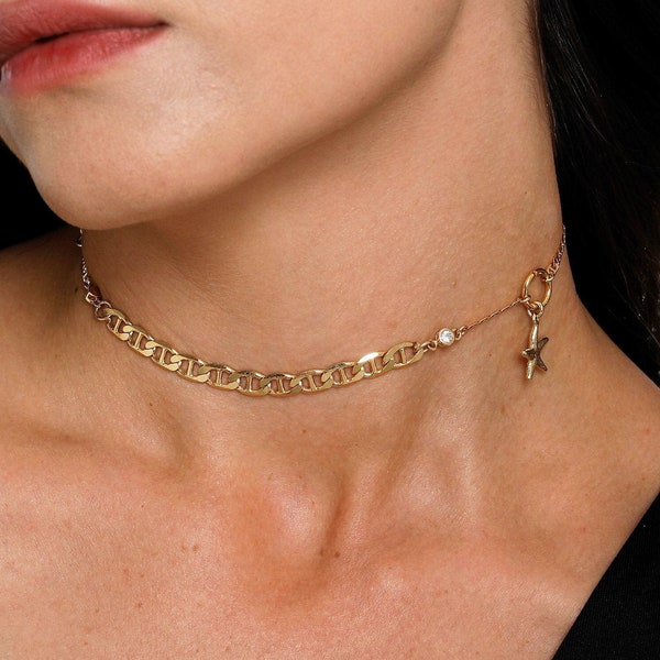 Starfish Charm Choker: Gold Plated Link Necklace, Delicate Beach Jewelry