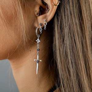 Sterling silver Dagger earrings - cross earrings - Dagger Earrings - sword earrings - Dangle hoop Earrings - Sword Jewelry - bezaleldesign