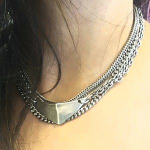 statement silver geometric necklace triangular pendant necklace multi strand chains necklace