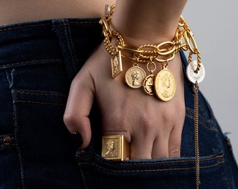 gold link bracelet with coins pendants  - link chain bracelet - chunky medal bracelet - Multi Dangling Charm Bracelet