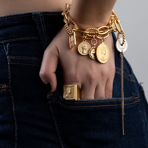 gold link bracelet with coins pendants  - link chain bracelet - chunky medal bracelet - Multi Dangling Charm Bracelet