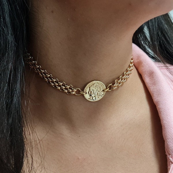 Gold Coin Choker Necklace: Chunky Medallion Collar, Adjustable Length