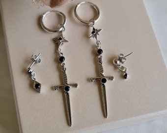 Hoop sword earrings, Dagger Earring, Silver Hoop Edgy Earring, Cosplay Jewellery Dangle cross earring, Gothic Sword Earring, unisex earrings