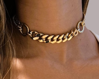Florence Pugh Choker Necklace - Gold O Ring Necklace - Thick Link Chain Necklace, Chunky Necklace, Cuban Link Necklace - Punk Rocker Jewelry