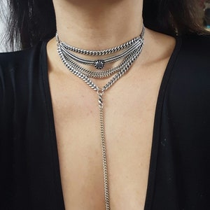 Layered Choker Halsketten Set: Versilberte Y Kette, Gothic Grunge Schmuck