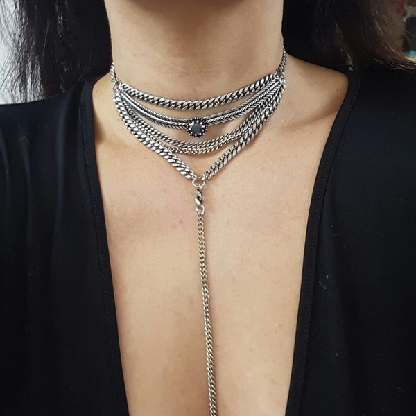 Silver Lariat Y Necklace Set - Chunky Layering Choker - Goth Grunge Jewelry