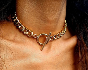 Collier chaîne à maillons basculants en or, tour de cou à chaîne gourmette, gros collier en or pour hommes et femmes, punk audacieux, collier grunge pour tous les jours