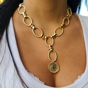 Unique Chunky Coin Y Lariat Necklace - One-of-a-Kind Ellipse Link Necklace - Bold Statement Chain Design