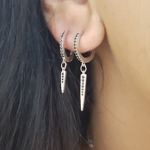 Sterling Silver spike earrings set, Spike hoop earrings, Spike huggie, Tiny hoop earrings, Dangle cz charm earrings - Second Hole