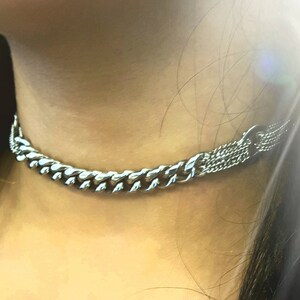 Silver link choker necklace chunky curb chain necklace hoop charm necklace gift for her ROCKER JEWELRY