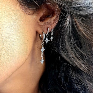 Stacking Dangle Earring, Pave Cz Hoop Earring, Silver Stacking Earring, Zirconia Charm Earring, Huggie Hoop Earring Stack, Star Earring Set