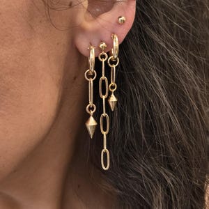 Gold Filled Hoop Earrings Set: Spike Dangle Chain, Punk Goth Style