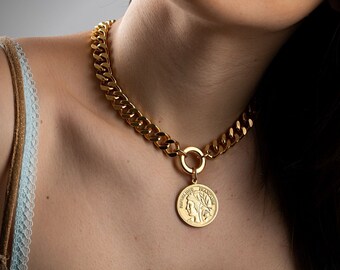 Gold Coin Necklace Coin Pendant Necklace Statement Chic Necklace