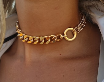 Florence Pugh Choker Necklace - Gold O Ring Necklace - Thick Link Chain Necklace, Chunky Necklace, Cuban Link Necklace - Punk Rocker Jewelry