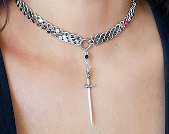 sword necklace - silver sword pendant - links chain choker - rocker jewelry