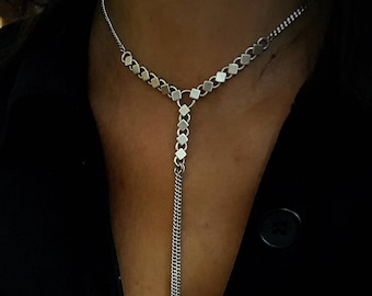 Oxidized Silver Plated Brass Lariat Necklace: Delicate Square Link Y Drop