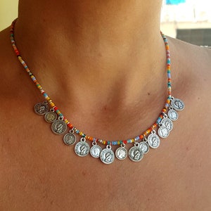 Boho Seed Bead Necklace: Silver Coin Charm, Summer Jewelry
