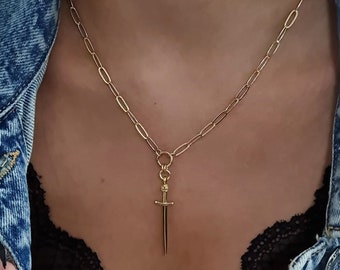 Sword Necklace, Gold Dagger Necklace, Paperclip Chain Necklace, Strength Necklace, Oval chain sword pendant, Sword Necklace For Women & Men