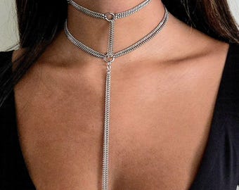 Naszyjnik choker: Długi, warstwowy łańcuszek z wieloma kółkami - Naszyjniki lariat dla kobiet