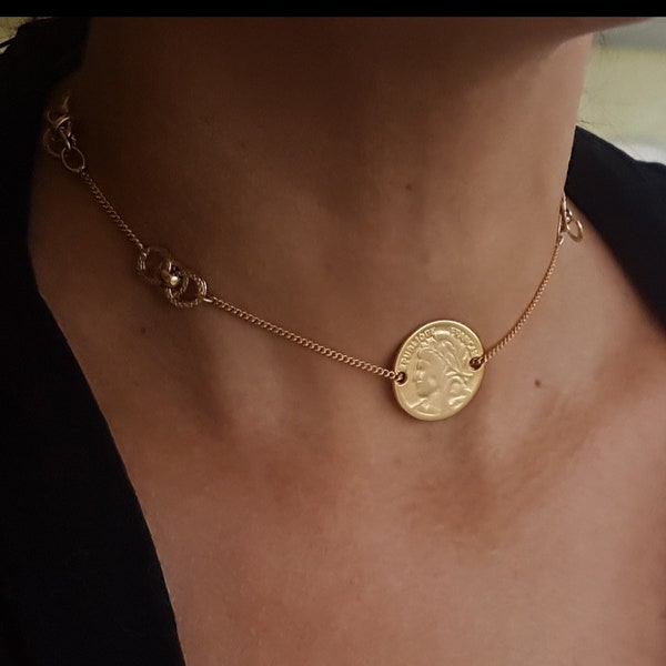 One-of-a-kind gold Coin Chain Choker - Minimalist Layering Necklace with Chunky Multi Charm