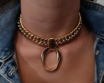 Gold chain choker - Massive Foxtail Chain Necklace - Wide Chain choker - Geometric Hoop Choker - Statement Link Choker - Gold chunky choker