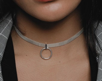 Silver Chain Choker - O Ring Choker - Hoop Choker Necklace - Ring Choker - Sterling Silver Flat Snake Chain - Choker Necklace Gift For Wife