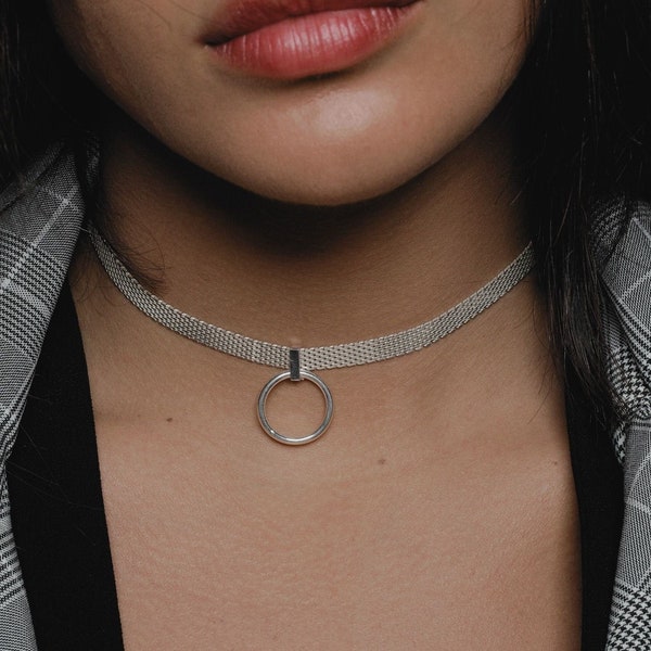 Silver Chain Choker - O Ring Choker - Hoop Choker Necklace - Ring Choker - Sterling Silver Flat Snake Chain - Choker Necklace Gift For Wife