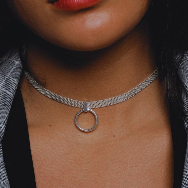 Gargantilla: colgante de aro O en cadena de espiga - Plata de ley - discreto collar inferior