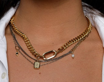 Layered necklace set: Chunky mixed metal necklace with rectangular disc charm