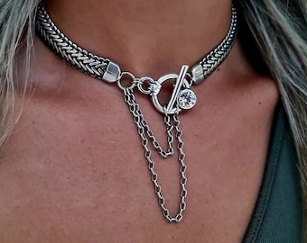 Silver Toggle Necklace - Toggle Necklace - Chain Choker - Chunky Necklace - Thick Chain Choker, Silver Chain Choker, Herringbone Necklace